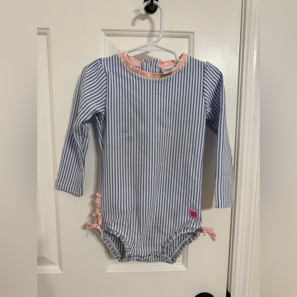 RuffleButts 3T Periwinkle Blue Seersucker Long Sleeve Rashguard